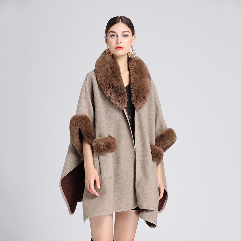 Women Coat Poncho Cape毛领披肩斗篷大码宽松毛呢外套开衫女欧美