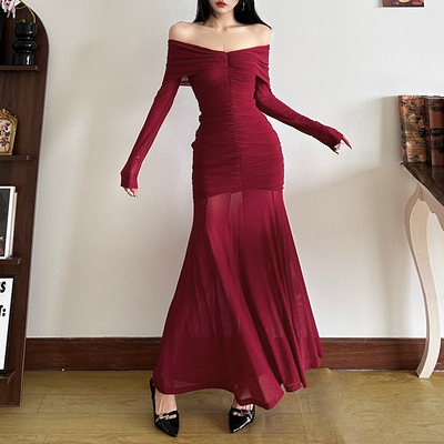 Women Dresses Off Shoulder Elegant Sexy一字领高腰收腰连衣裙