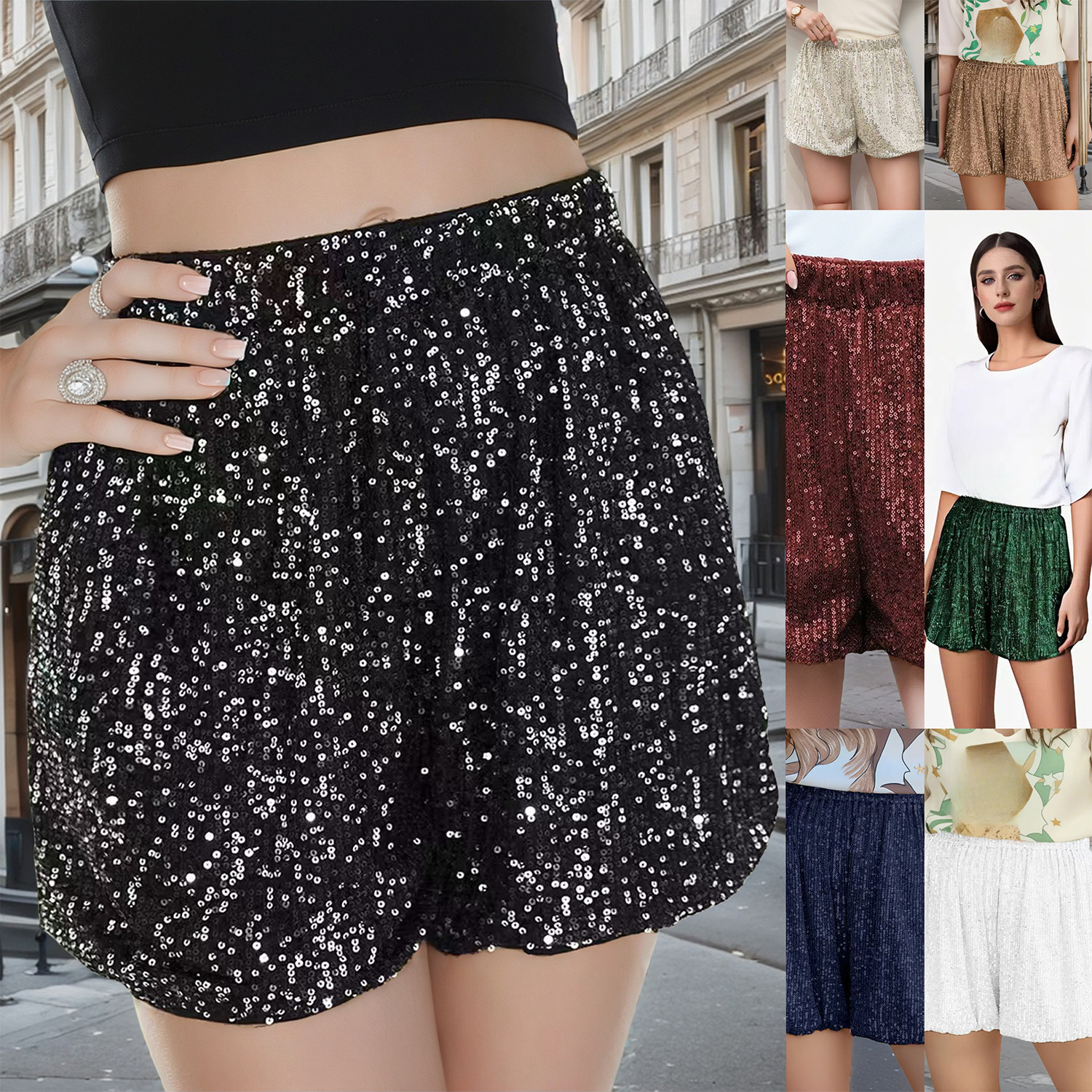Women Sequin Shorts Pant性感潮流直筒高腰纯色休闲亮片短裤裤子