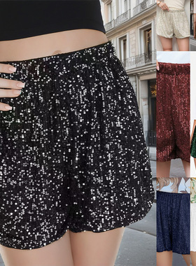 Women Sequin Shorts Pant性感潮流直筒高腰纯色休闲亮片短裤裤子