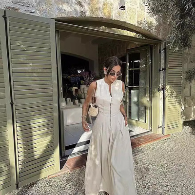 女装欧美时尚圆领无袖收腰拉链连衣裙High Waist Women Dresses