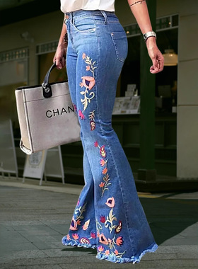 Women Denim Jean Pants Long Trousers高弹绣花大喇叭牛仔裤女