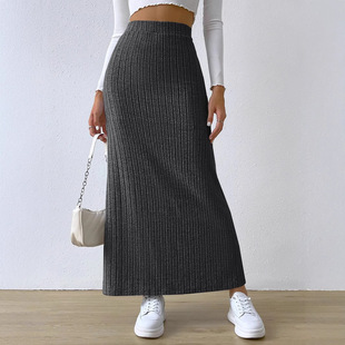 Women Knitted Skirt High Waist Ladies Clothes开叉长裙女裙子