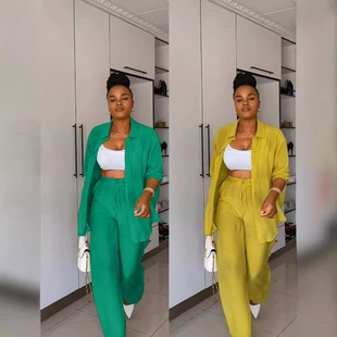 直筒裤 两件套Women Suit 欧美女装 Shirt 衬衫 Sets Pants 休闲长袖