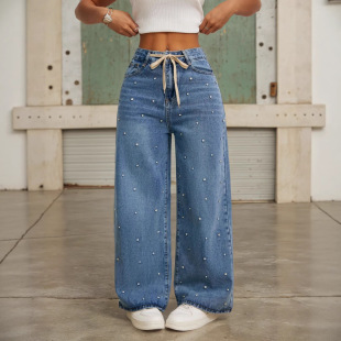 女夏高腰宽松阔腿拖地裤 Women Pants钉珠牛仔裤 Jean 带铢 Denim