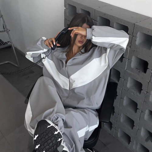 Women Sportwear Outfits欧美女士拉链开衫撞色上衣长裤运动套装