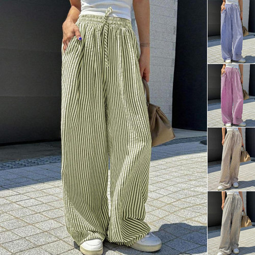 Women Long Trousers欧美条纹休闲裤女士直筒裤女装高腰宽松长裤