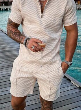 S-6XL Men Clothes Set Male欧美男装休闲撞色POLO拉链翻领衫短袖