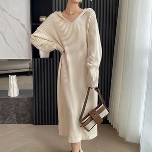 Long 帽衫 Knitted Casual连帽连衣裙长款 针织长裙 Dresses Women