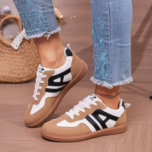 Women Shoes大码软底德训鞋运动鞋欧美复古拼色系带轻便慢跑女鞋
