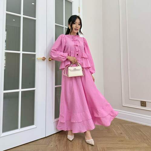 Women Outfit Sets欧美时尚纯色系带开衫圆领荷叶边上衣半裙套装