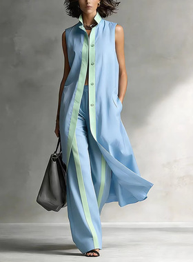 Women Outfit Shirts+Pant欧美撞色宽松时尚休闲背心开衫长裤套装