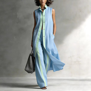 Women Outfit Shirts+Pant欧美撞色宽松时尚休闲背心开衫长裤套装