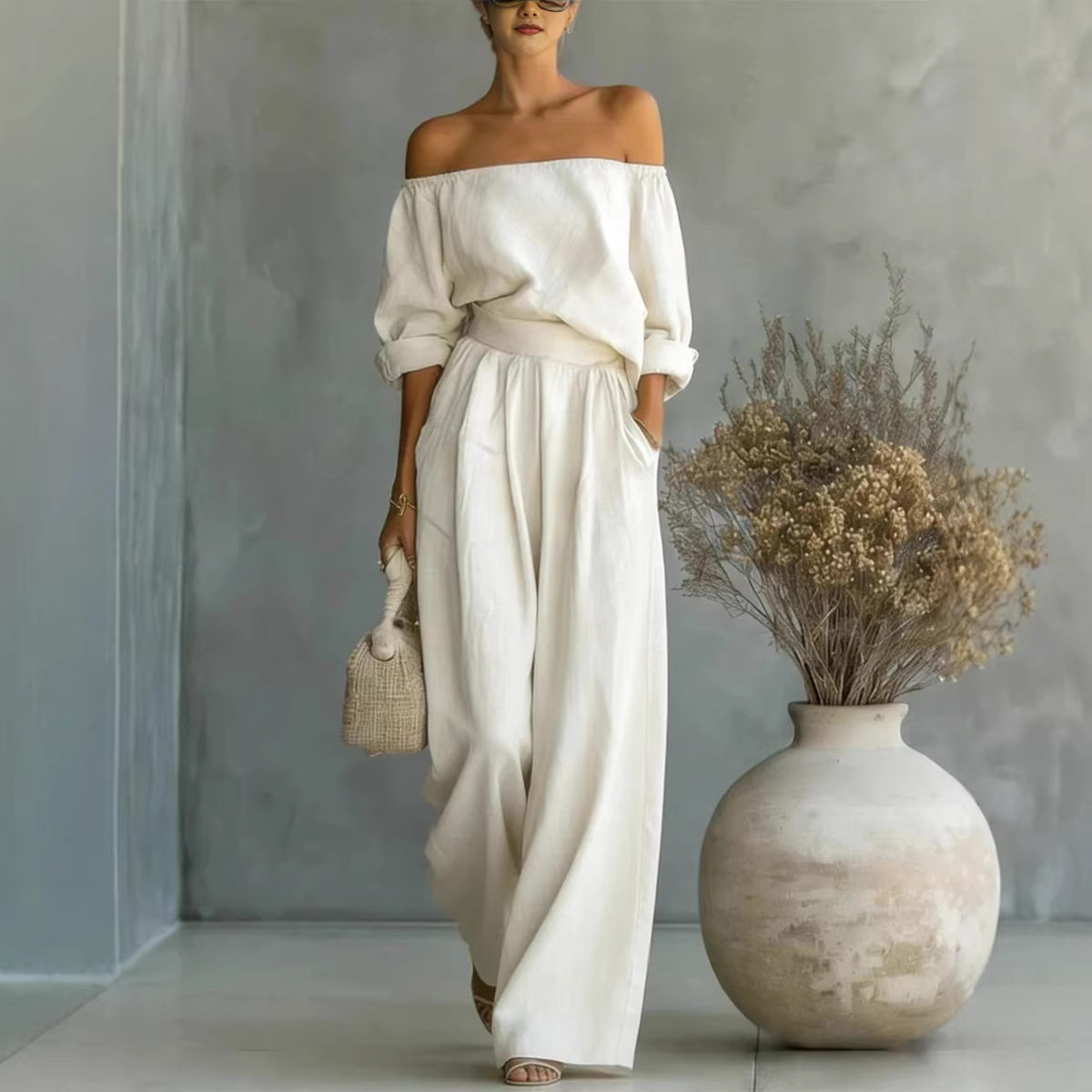Fashion Women Outfits欧美时尚休闲两件式女装露肩阔腿裤套装