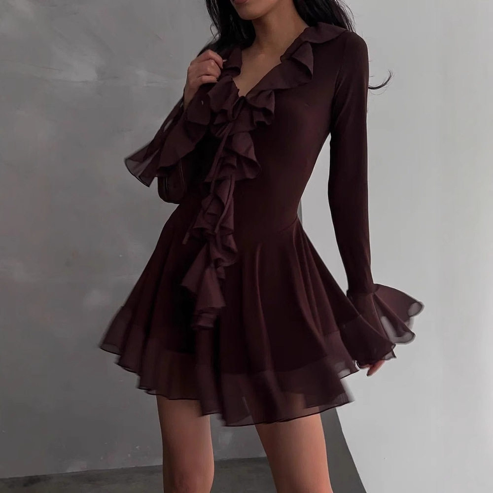 Women Elegant Short Dresses气质纯色深v荷叶花边喇叭袖短连衣裙