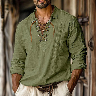 Men Shirt Cotton Linen Tops Tees欧美男式翻领系绳衬衣亚麻衬衫