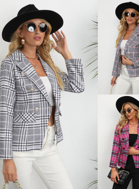 Women Coat Outwear Overcoat欧美女装纽扣翻领秋冬格子长袖外套