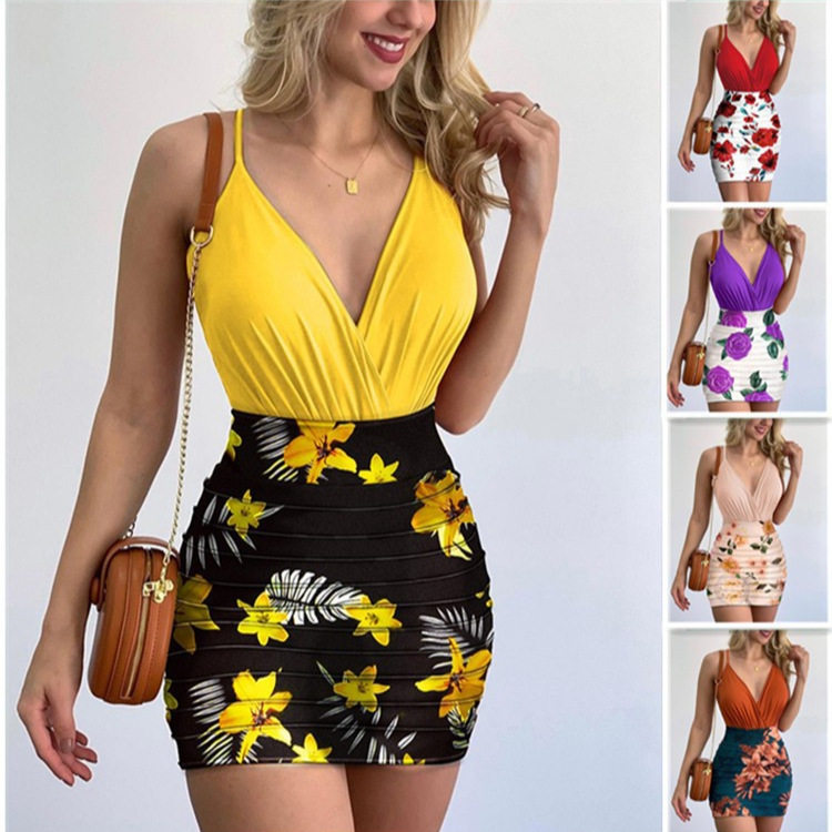 Women Clothes Sets欧美新款女装紧身连体衣花卉印花半身裙套装
