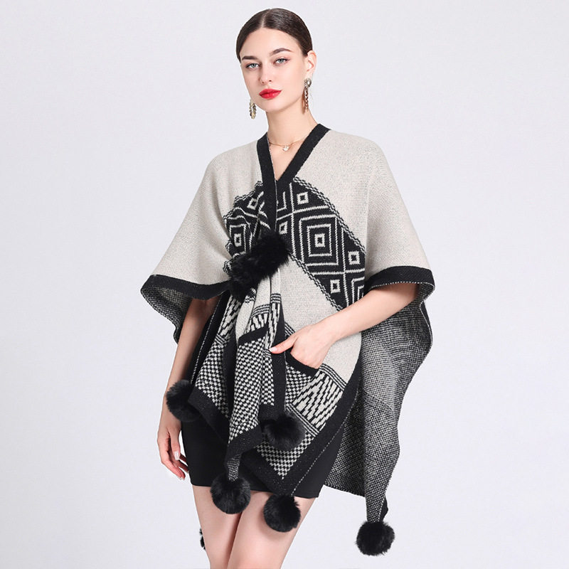 Women Poncho Coat毛球斗篷披肩提花宽松针织开衫大码披风外套女