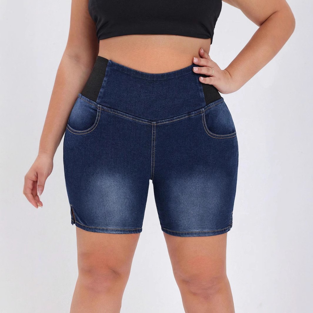 Women Denim Shorts中腰牛仔欧美松紧腰提臀宽松水洗女士牛仔中裤