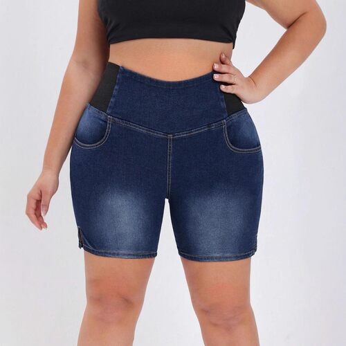 Women Denim Shorts中腰牛仔欧美松紧腰提臀宽松水洗女士牛仔中裤