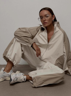 休闲抽绳运动夹克长裤欧美两件套装Women Sport Suit Jacket Pant