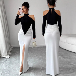 Women Elegant Sexy Slim Dresses气质性感挂脖褶皱修身连衣裙