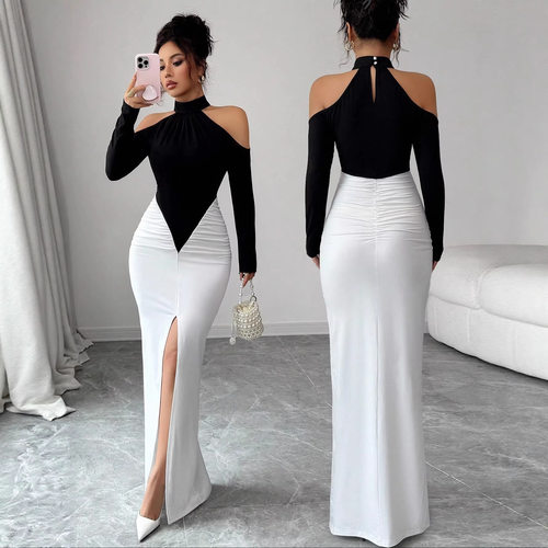 Women Elegant Sexy Slim Dresses气质性感挂脖褶皱修身连衣裙