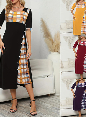 M-5XL Women Dresses Ladies Clothes女装长裙撞色不规则连衣裙