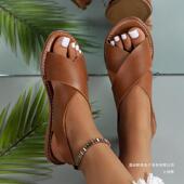 女复古风宽带条露趾沙滩凉拖鞋 欧美大码 交叉带平底凉鞋 sandal