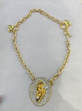 欧美重工复古个性五官耳朵圆饼满钻吊坠项链夸张时尚高级感锁骨链