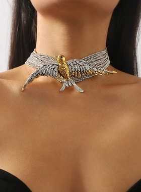 欧美夸张时髦飞鸟燕子多层满钻项链 小众复古气质辣妹颈链
