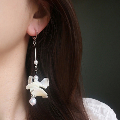 法式珍珠天然贝壳流苏耳环耳夹