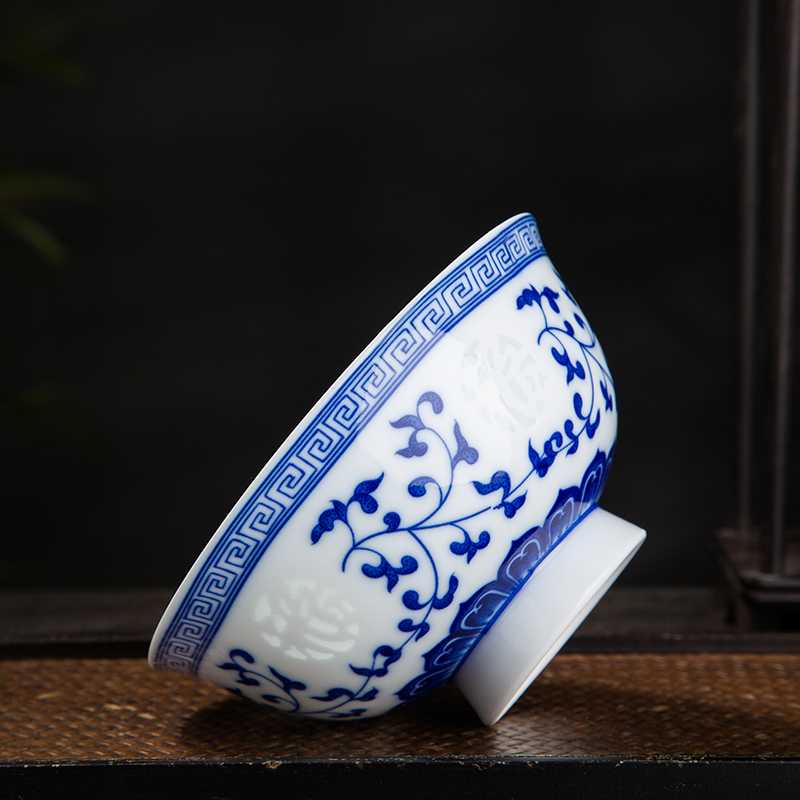 高脚镂空陶瓷青花瓷碗景德镇复古风米通瓷碗家用碗高档玲珑米饭碗