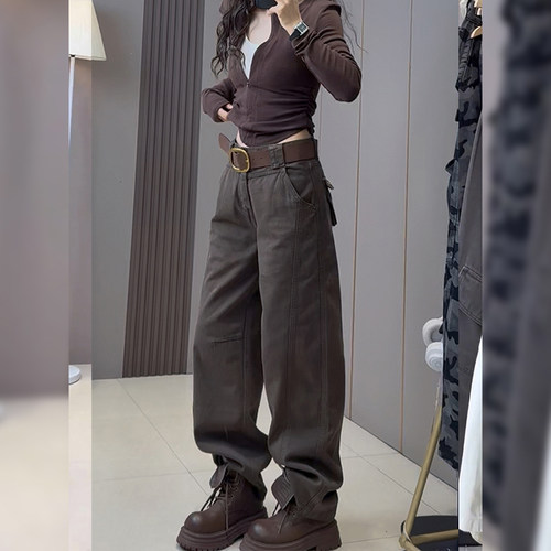 美拉德咖色镰刀弯刀工装牛仔裤女