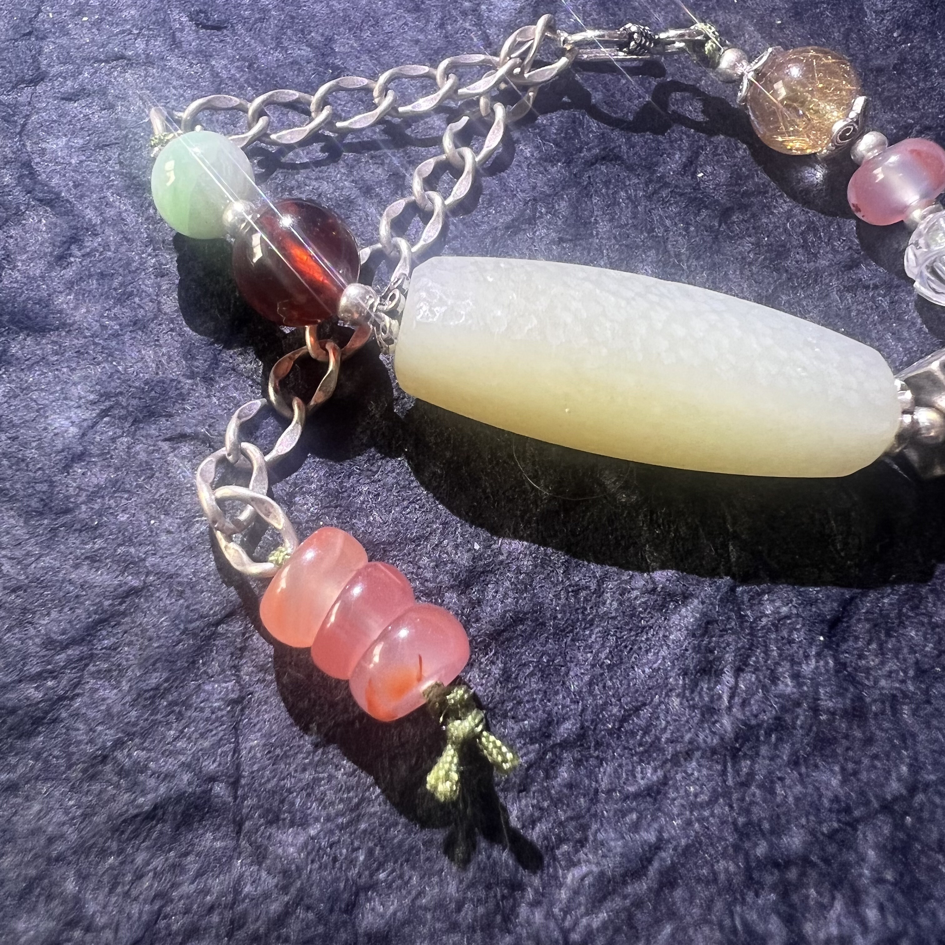 博物馆系列天然和田玉925银石榴石翡翠南红发晶凯溪的水晶手链