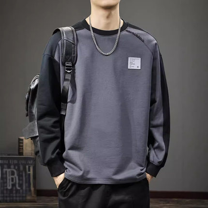 美式潮牌设计感撞色卫衣男2024新款秋季重磅纯棉宽松圆领长袖t恤