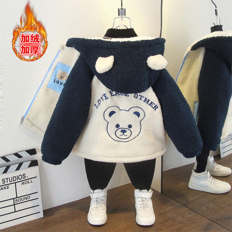 中小童男宝秋冬韩版保暖加绒加厚毛毛衣女童洋气字母刺绣连帽外套