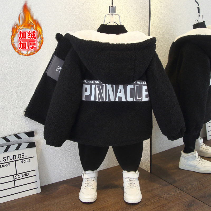 男童秋冬装棉服外套女童冬季韩版字母拼接保暖宽松加绒连帽毛毛衣