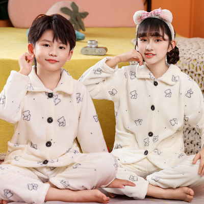 儿童睡衣法兰绒秋冬季加厚男女童2025新款珊瑚绒中大童家居服套装