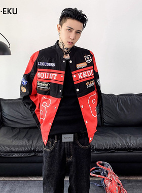 潮牌设计感可拆卸情侣机车服夹克男春秋红色美式赛车服宽松外套女
