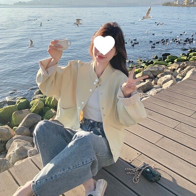 设计拼接外套条纹立领短外套休闲宽松秋季新款夹克上衣黄色
