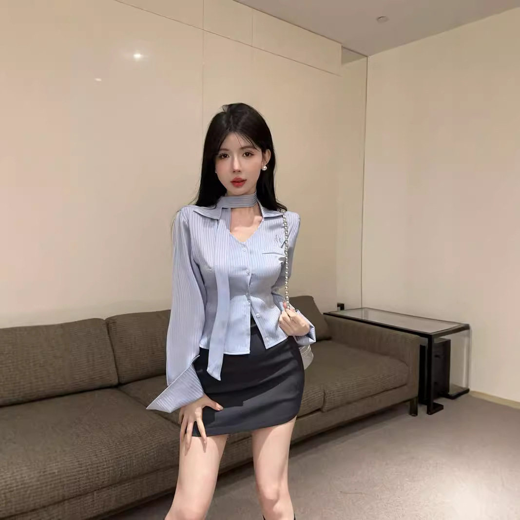 学院风jk制服套装女早秋御姐高级感V领衬衫高腰包臂短裙两件套女