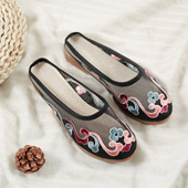 坡跟时尚 2020春夏新款 女单正宗老北京布鞋 网纱凉拖民族风绣花休闲