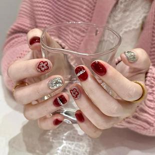 网红新款 爆闪显白红色猫眼小花新年美甲成品手工定制穿戴甲可拆卸
