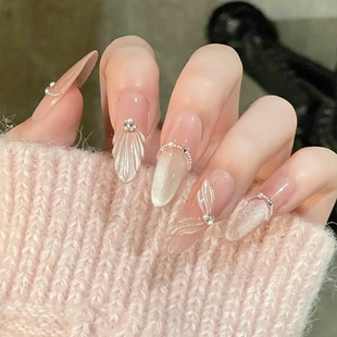 夏日新款 人鱼飘带气质显白爆闪猫眼美甲成品手工定制穿戴甲可拆卸