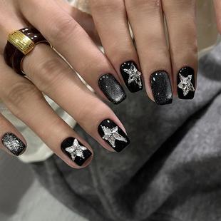 秋冬新款 爆闪星星黑色猫眼钻石美甲成品手工定制穿戴甲防水可拆卸