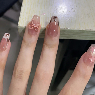 秋季 气质显白粉色豹纹星星猫眼美甲贴片手工定制蝴蝶结穿戴甲 新款