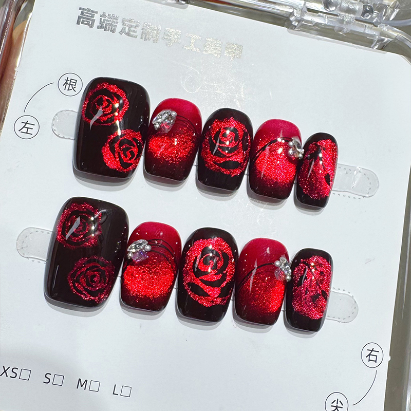 暗夜玫瑰甜酷辣妹风显白猫眼美甲