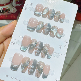 薄荷曼波国风清竹蝶影美甲成品气质显白手工定制穿戴甲防水可持续